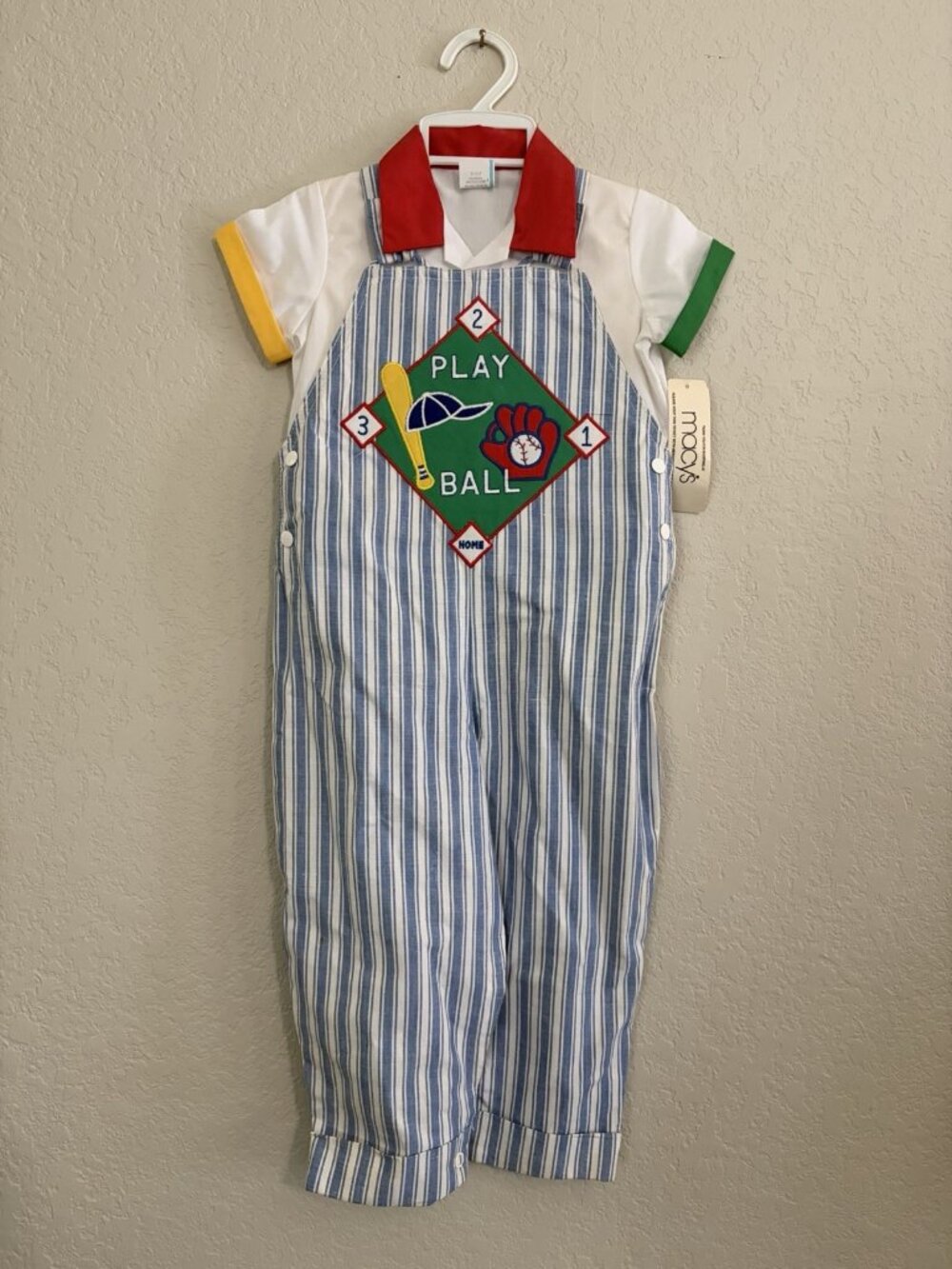 NWT Vintage Baby Sz 24 Months Pinstripe Baseball Bib 80s (?) Macy’s Retro